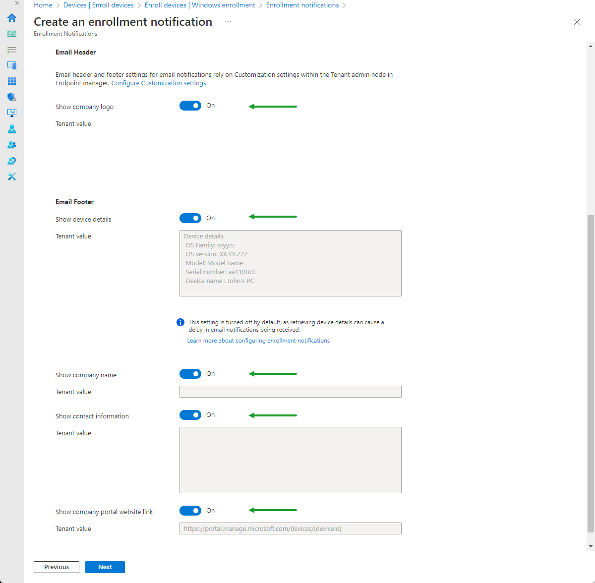 Intune enrollment notification: Email header and footer options